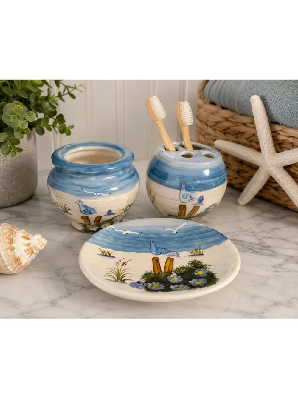 Vintage Coastal Ceramic Bathroom Set Seagull Toothbrush Holder Vanity Tray Blue